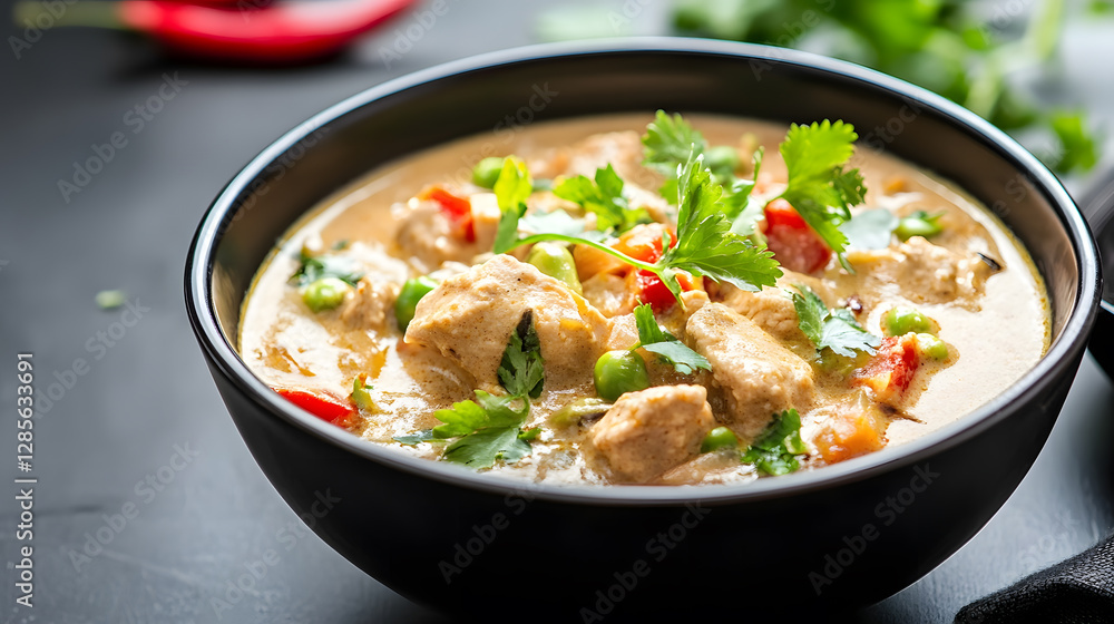 Spicy Thai chicken curry with vegetables and fresh herbs in a black bowl : Generative AI Spicy Thai chicken curry with vegetables and fresh herbs in a black bowl : Generative AI