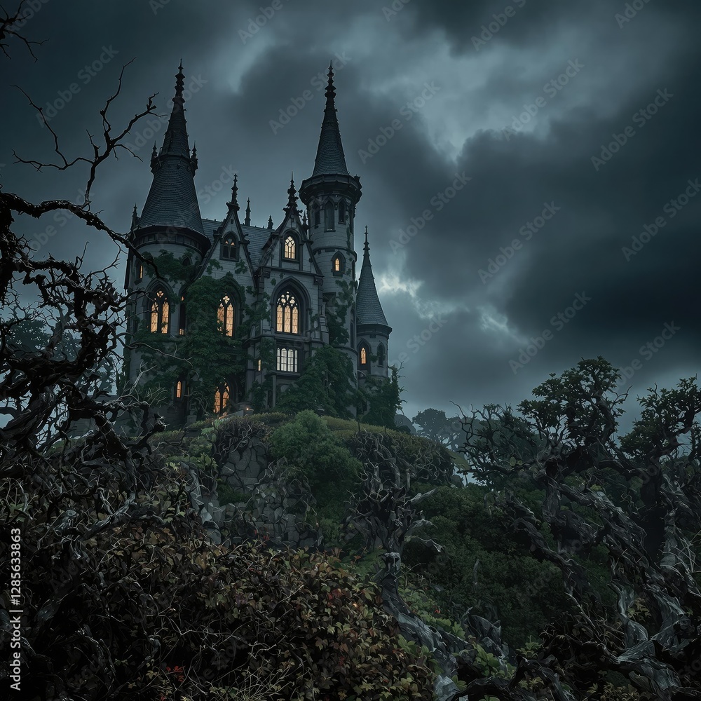 Creepy old mansion with a spooky garden and twisted trees, creaking doors, mysterious fog. Creepy old mansion with a spooky garden and twisted trees, creaking doors, mysterious fog.