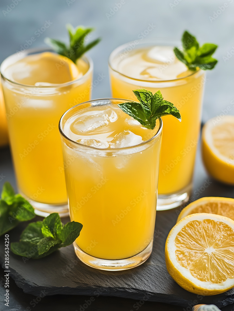 Fototapeta premium Refreshing citrus lemonade glasses with ice and mint garnish for summer : Generative AI