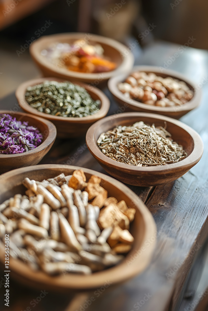Assortment of Dried Herbs and Spices in Rustic Wooden Bowls : Generative AI Assortment of Dried Herbs and Spices in Rustic Wooden Bowls : Generative AI