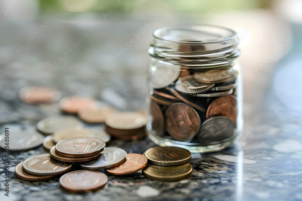Glass jar filled with assorted coins on a reflective surface with scattered coins around it Glass jar filled with assorted coins on a reflective surface with scattered coins around it