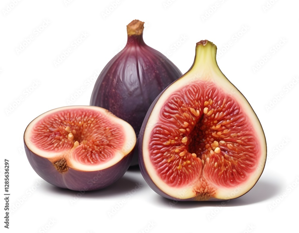 Two ripe figs, one whole and one cut in half, revealing the bright flesh and seeds inside Two ripe figs, one whole and one cut in half, revealing the bright flesh and seeds inside