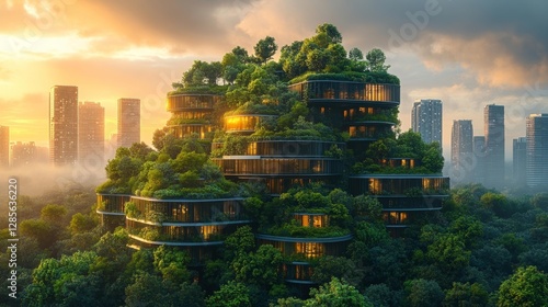 Futuristic eco-friendly architecture with greenery-covered terraces and city skyline background at sunset. Generative AI