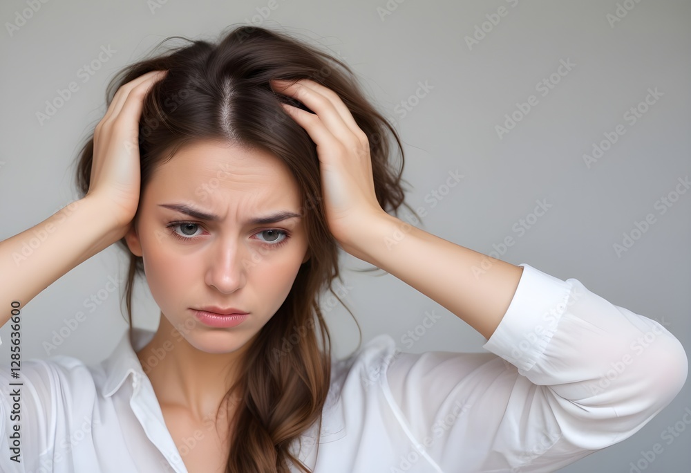 A woman looking stressed and holding her head in her hands A woman looking stressed and holding her head in her hands