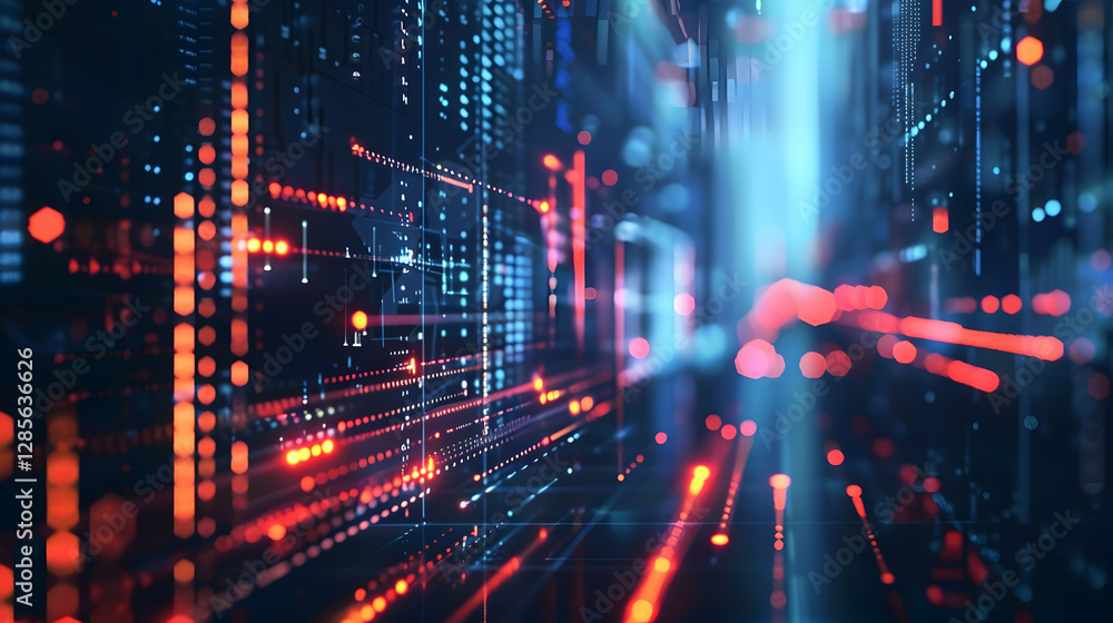 Naklejka premium Futuristic digital landscape with vibrant data streams and glowing lights creating depth