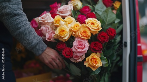 Florist unloading a large bouquet of multicolored roses from a van.