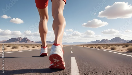 A person's legs and feet wearing red and white running shoes on a long, straight road in a desert landscape with a cloudy sky in the background