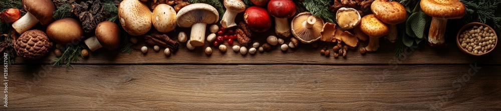 Variety of Mushrooms and Nuts with Herbs on Wooden Table. Generative AI Variety of Mushrooms and Nuts with Herbs on Wooden Table. Generative AI