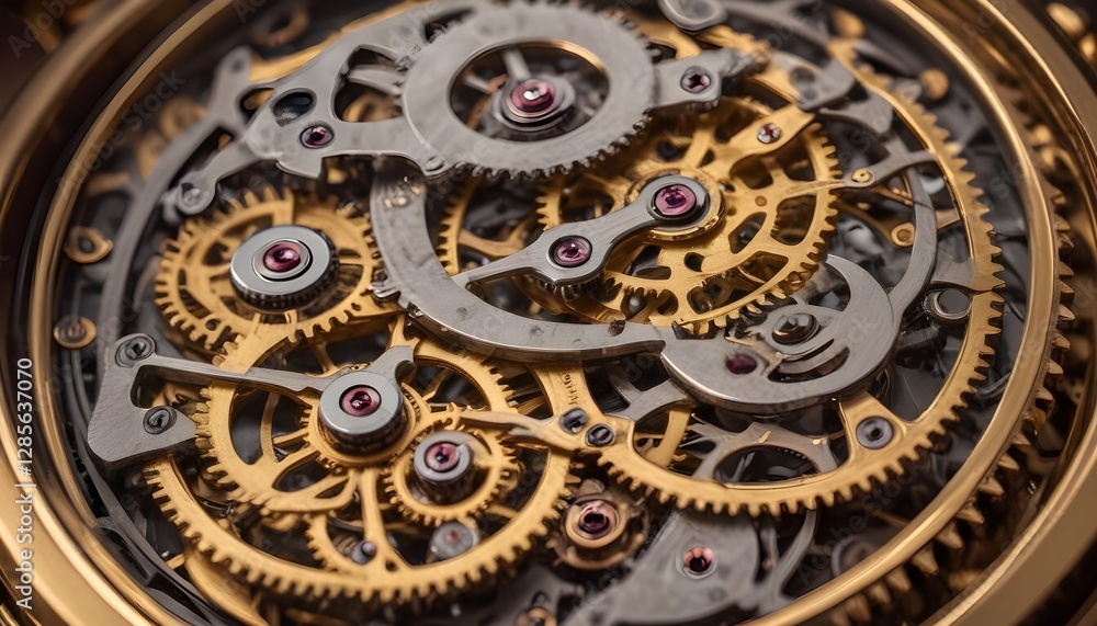 Macro shot of the intricate gears and mechanisms of a mechanical watch or clock, with a warm, golden lighting that creates a beautiful, abstract pattern Macro shot of the intricate gears and mechanisms of a mechanical watch or clock, with a warm, golden lighting that creates a beautiful, abstract pattern