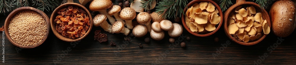 Assorted Mushrooms and Dried Ingredients in Wooden Bowls. Generative AI