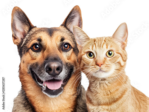 Portrait of Happy dog and cat that looking at the camera together isolated on transparent background, friendship between dog and cat, amazing friendliness of the pets	