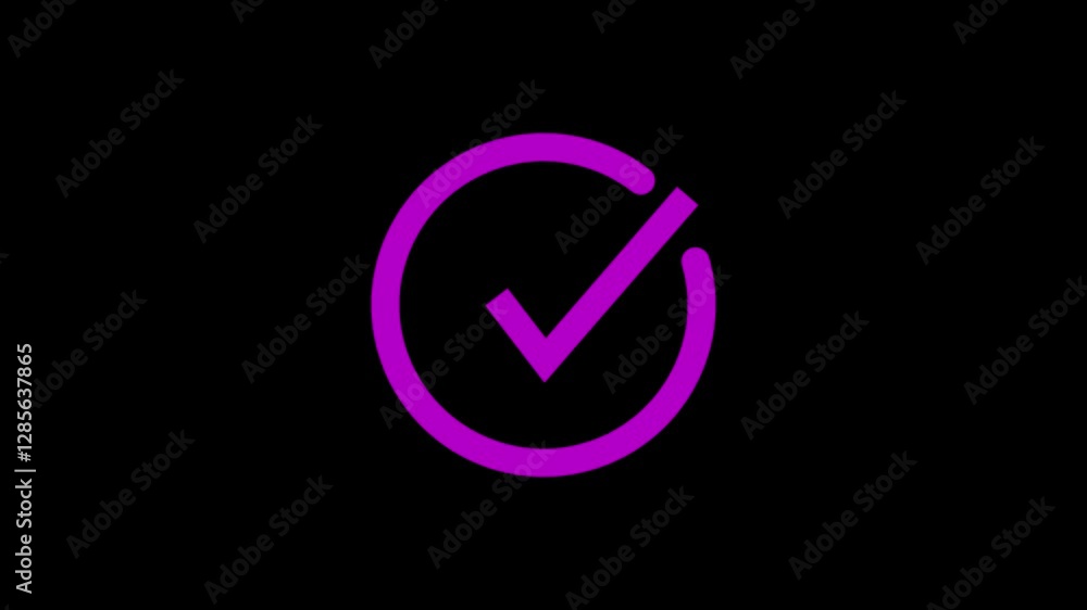 check mark icon bright purple color sign animation. Glowing tick mark ...