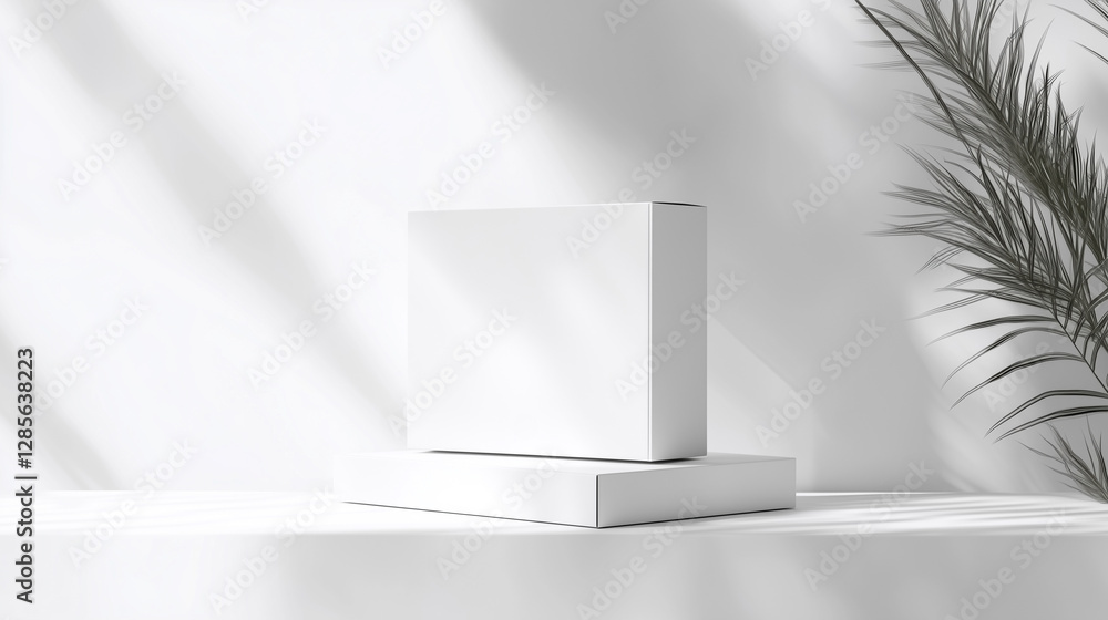 Minimalist white e-commerce shipping box on a neutral background Minimalist white e-commerce shipping box on a neutral background