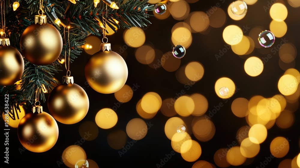 Golden ornaments hang from a Christmas tree, surrounded by soft, glowing lights, creating a warm and festive holiday atmosphere. Golden ornaments hang from a Christmas tree, surrounded by soft, glowing lights, creating a warm and festive holiday atmosphere.