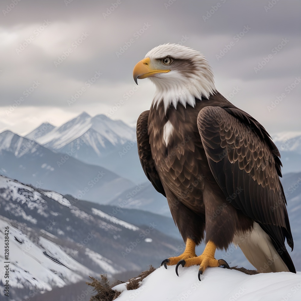 Fototapeta premium A eagle with its head turned to the side, perched against a backdrop of snowy mountains and cloudy sky