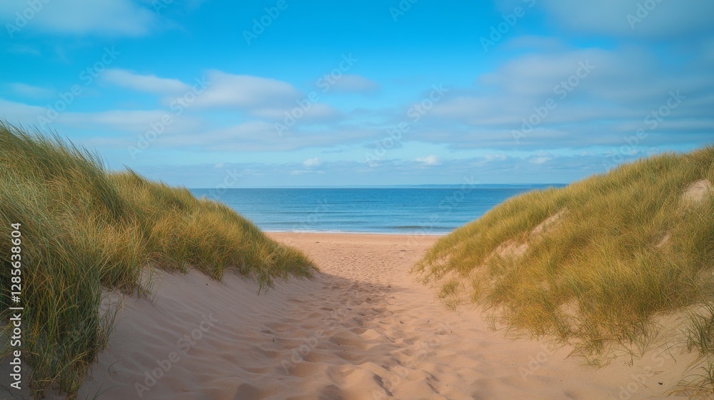 Tranquil beach pathway leading to a serene ocean view. Lush grass surrounds the sandy path. Perfect for relaxation and contemplation of nature. Generative AI Tranquil beach pathway leading to a serene ocean view. Lush grass surrounds the sandy path. Perfect for relaxation and contemplation of nature. Generative AI