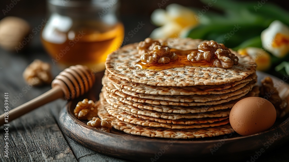 Matzo, walnuts, an egg, honey, a dipper, and tulips create an observance of Passover setting. Matzo, walnuts, an egg, honey, a dipper, and tulips create an observance of Passover setting.