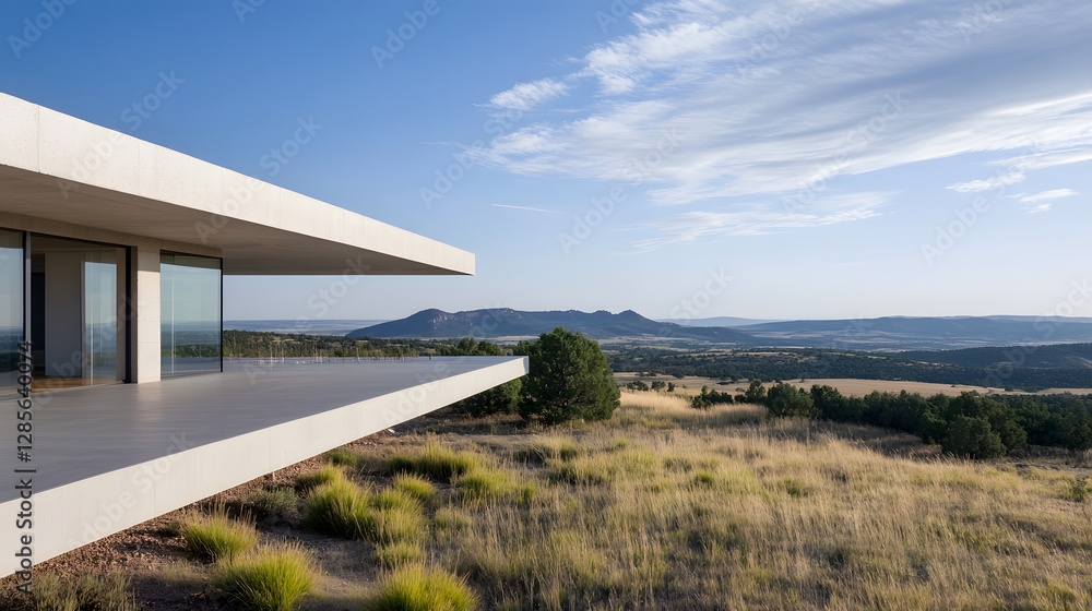 Modern Cliffside Home with Panoramic Mountain Valley Views under Blue Sky : Generative AI Modern Cliffside Home with Panoramic Mountain Valley Views under Blue Sky : Generative AI
