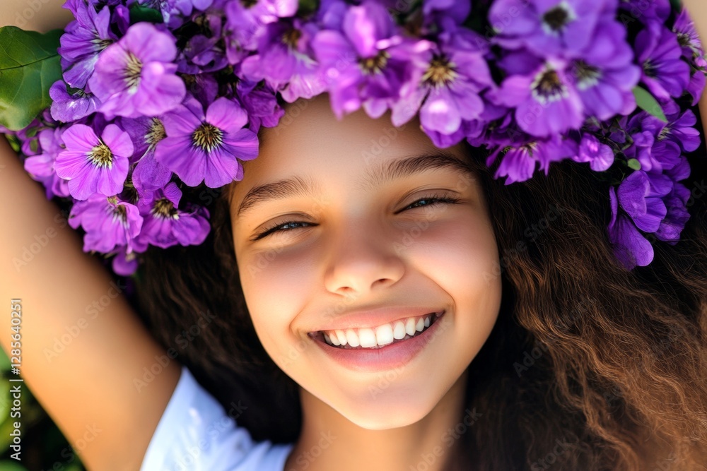 Naklejka premium Soft daylight. Happy brazilian teenager girl wearing purple flower circlet on her head. Happy vacation time symbol. Child in nature with blossoms. Summer retreat for children.