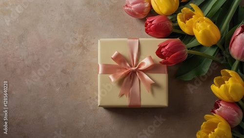 A box with a pink ribbon sits on a table next to a bouquet of flowers