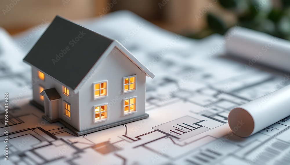 Illuminated House Model on Architectural Blueprint: A Serene Design Vision Illuminated House Model on Architectural Blueprint: A Serene Design Vision
