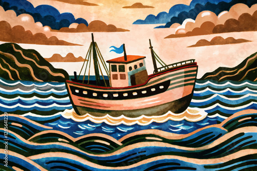 ship in the sea at sunset time landscape abstract cartoon illustration