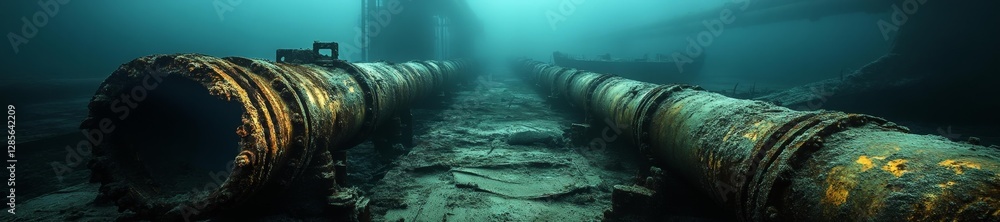 Underwater pipes with rust and decay in an eerie abandoned setting. Generative AI Underwater pipes with rust and decay in an eerie abandoned setting. Generative AI