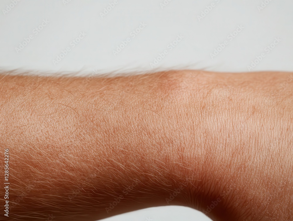 Naklejka premium A close-up of a forearm with light-toned skin, featuring thin red scars and faint pink blemishes. 