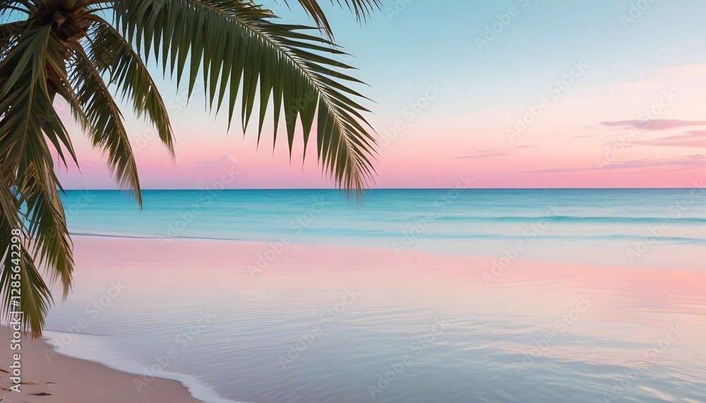 A tropical beach scene with a palm tree frond in the foreground, reflecting in the calm, turquoise waters of the ocean under a pastel pink and blue sky A tropical beach scene with a palm tree frond in the foreground, reflecting in the calm, turquoise waters of the ocean under a pastel pink and blue sky