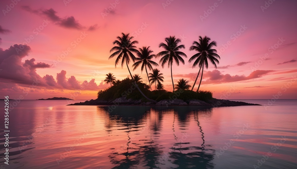 A tropical island with palm trees at sunset, surrounded by a calm ocean with a vibrant orange and pink sky reflecting on the water A tropical island with palm trees at sunset, surrounded by a calm ocean with a vibrant orange and pink sky reflecting on the water