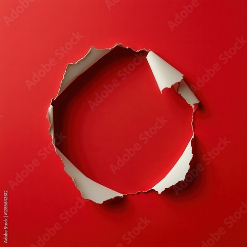 A vibrant red paper torn in a circular shape at the center, revealing a blank white space perfect for text placement. 