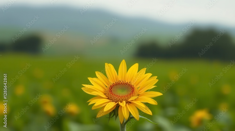 Fototapeta premium A single sunflower blooms in a vibrant field on a hazy summer day in the countryside.