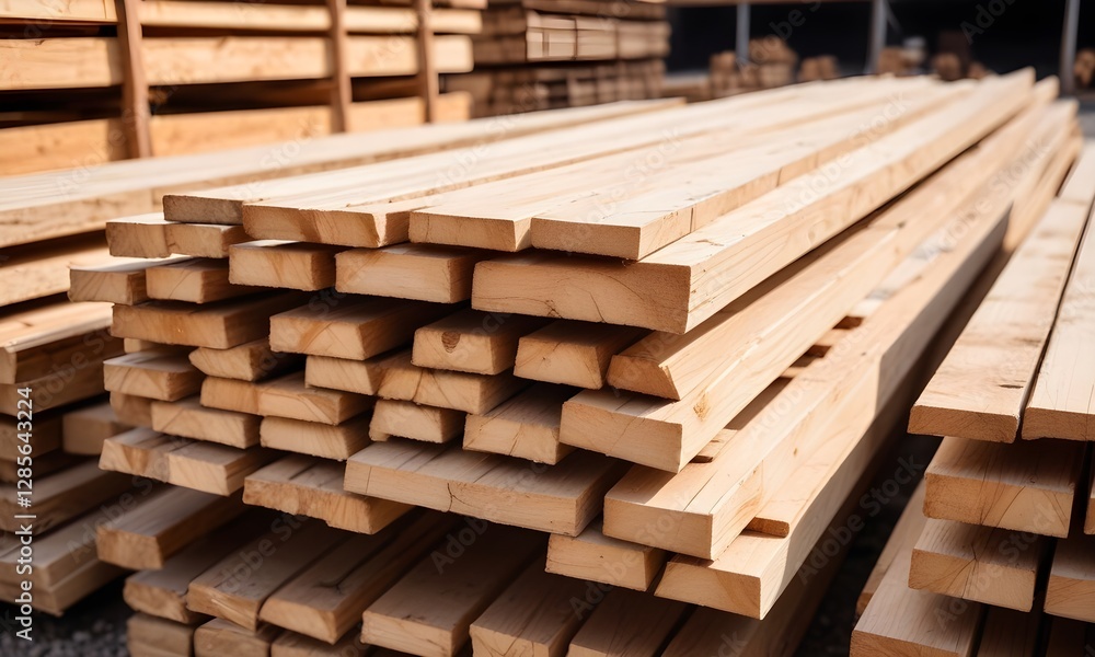 Stacks of wooden planks or beams in a construction site Stacks of wooden planks or beams in a construction site