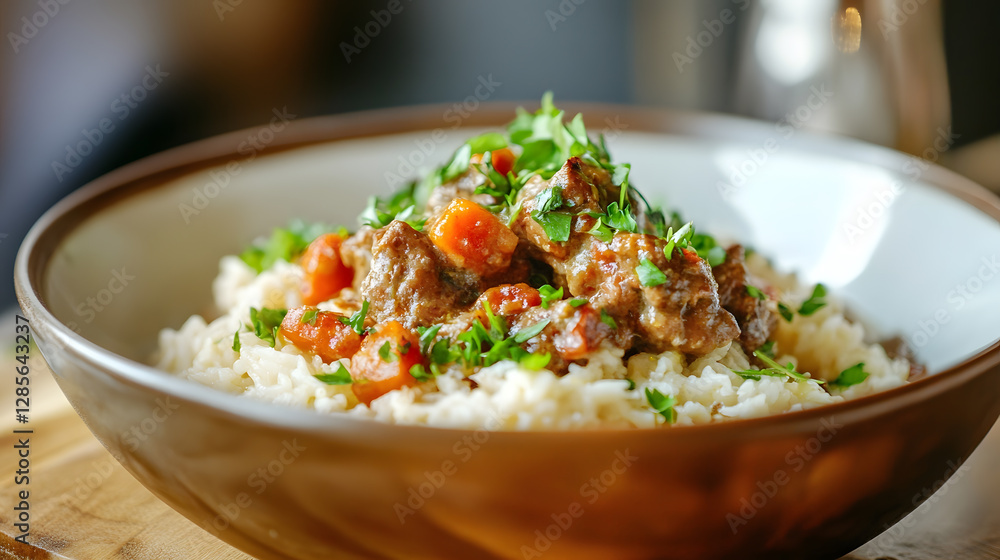 Delicious Beef Stew on Rice with Fresh Parsley in a Rustic Bowl for a Wholesome Meal : Generative AI