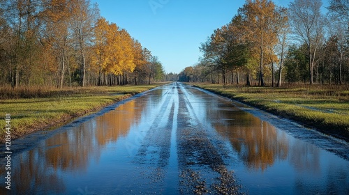 Autumn road with colorful trees and bright reflections on the water. Generative AI