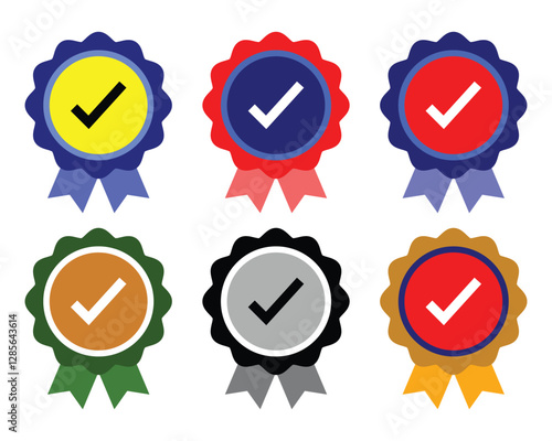 Set of colorful award ribbons Approval Medal Icon logo Silhouette and color with Checkmark Minimalist Award Badge Vector art illustration.