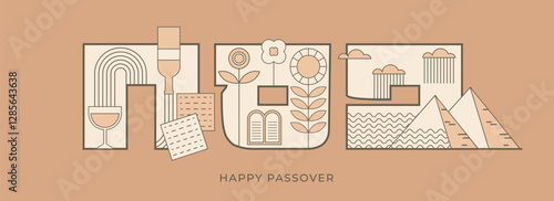 Happy Passover background, horizontal banner, card and poster design. Geometrical trendy line minimalist concept. vector illustration. Passover in hebrew