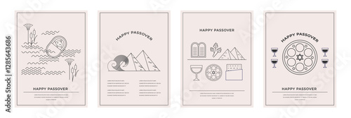 Happy Passover background set, Vertical banners, cards and posters design. Geometrical modern line minimalist concept. vector illustration