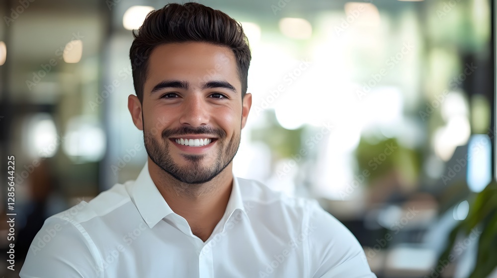 Fototapeta premium Confident Asian Businessman Smiling in Modern Office Setting
