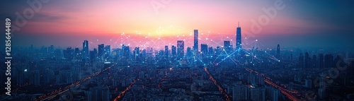 Wallpaper Mural Stunning Sunset Cityscape Aerial View Showing Modern City Skyline and Network Connections Torontodigital.ca