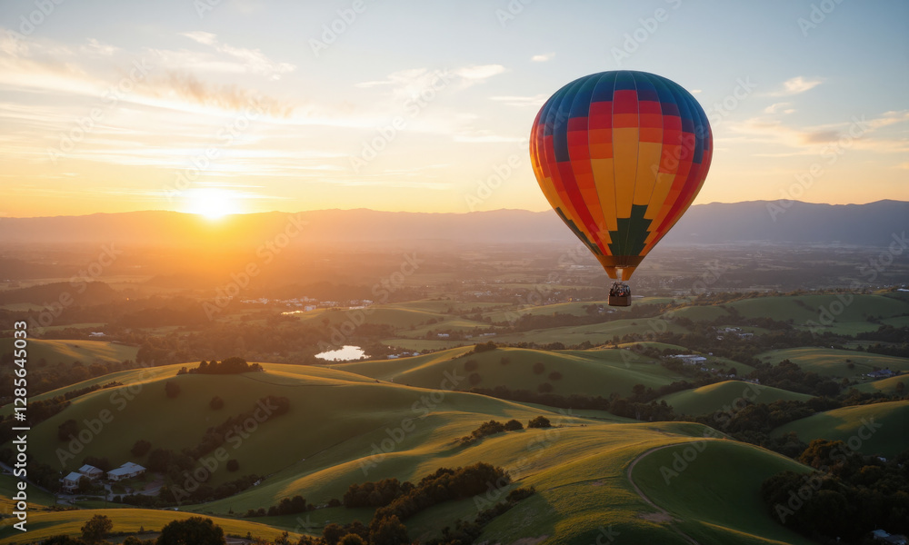Fototapeta premium Hot air balloon floating above rolling hills at sunrise for adventure and travel promotions. A colorful hot air balloon drifts gracefully over a