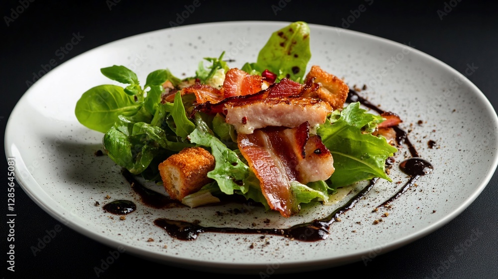 Delicious bacon salad with croutons and balsamic glaze on a white plate. Delicious bacon salad with croutons and balsamic glaze on a white plate.