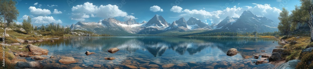 Breathtaking panoramic view of serene lake with surrounding majestic mountains. Generative AI Breathtaking panoramic view of serene lake with surrounding majestic mountains. Generative AI