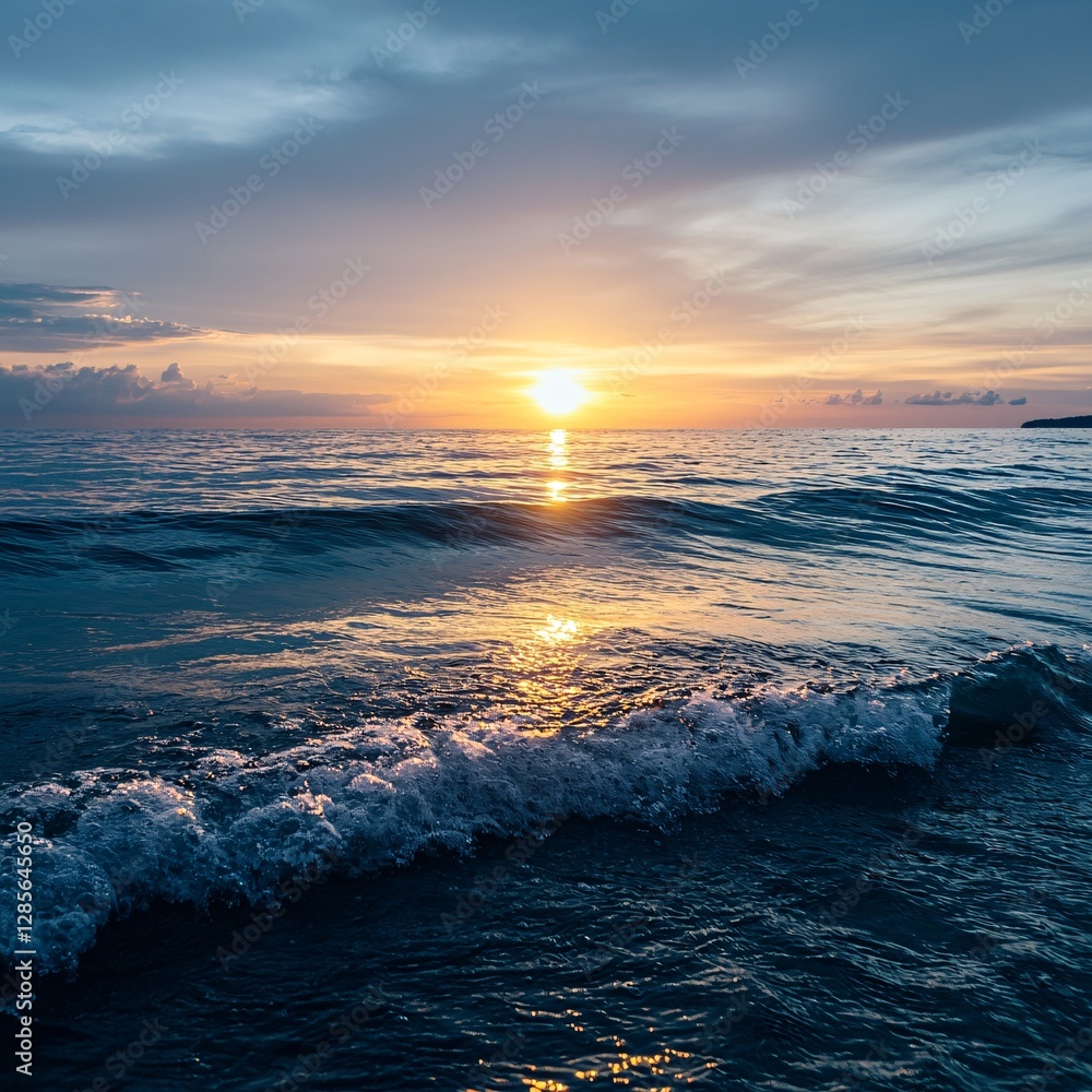 Ocean sunset, waves crashing on shore, tranquil scene, ideal for travel brochures Ocean sunset, waves crashing on shore, tranquil scene, ideal for travel brochures