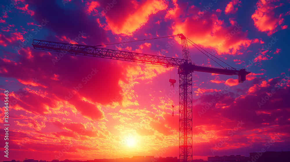 Dramatic close-up of a towering crane against a colorful sunset sky on a construction site Dramatic close-up of a towering crane against a colorful sunset sky on a construction site
