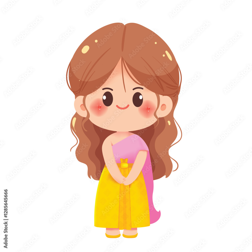 Cute Thai Girl in Traditional Thai Dress Cartoon Illustration Cute Thai Girl in Traditional Thai Dress Cartoon Illustration