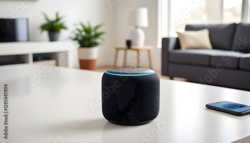 A smart speaker on a white table with a smartphone in the foreground, and a blurred living room scene in the background