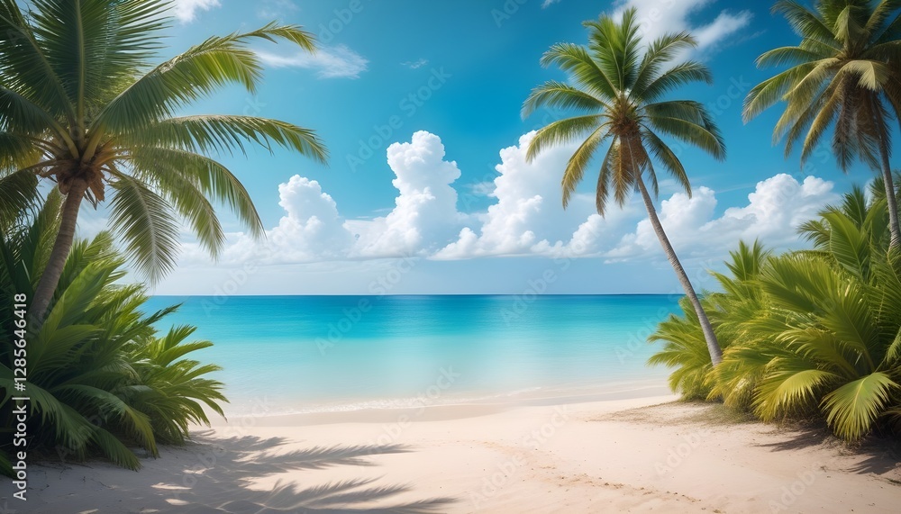 Obraz premium A tropical beach scene with palm trees, and a calm ocean under a blue sky with fluffy white clouds
