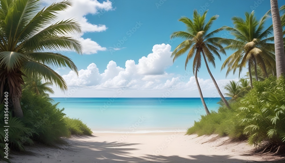 Fototapeta premium A tropical beach scene with palm trees, and a calm ocean under a blue sky with fluffy white clouds