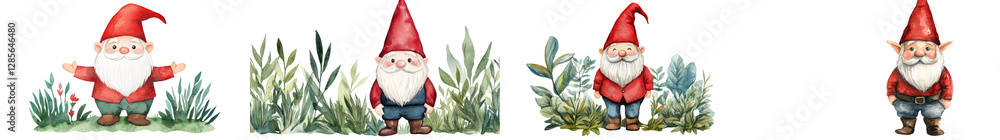 Colorful hand drawn of whimsical garden gnome figurines set in a magical storybook like landscape with lush vegetation flowers and other enchanting elements Ideal for holiday seasonal Colorful hand drawn of whimsical garden gnome figurines set in a magical storybook like landscape with lush vegetation flowers and other enchanting elements Ideal for holiday seasonal